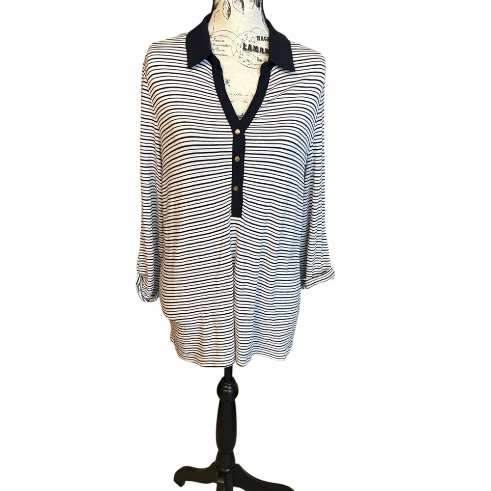 Ann Taylor Striped Top Knit Button Accent Rolled Sleeve Navy and White Size L